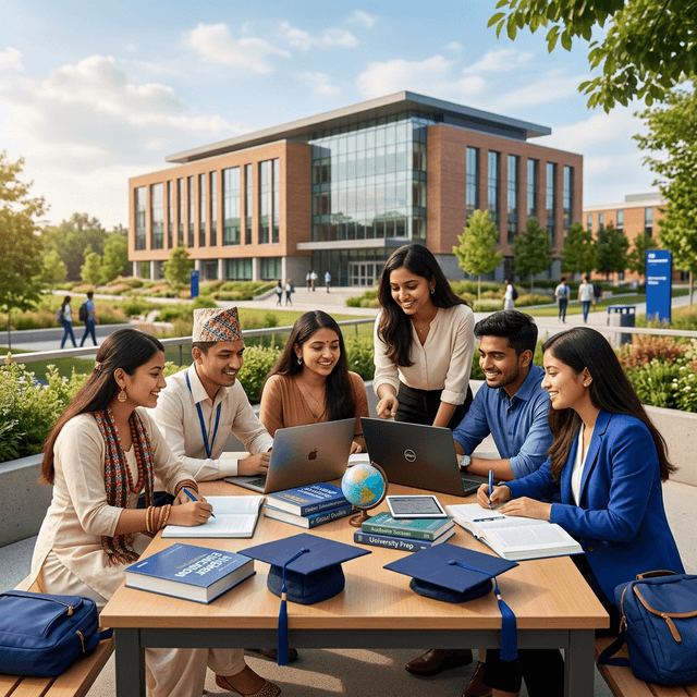 Students studying together at a modern university campus in India